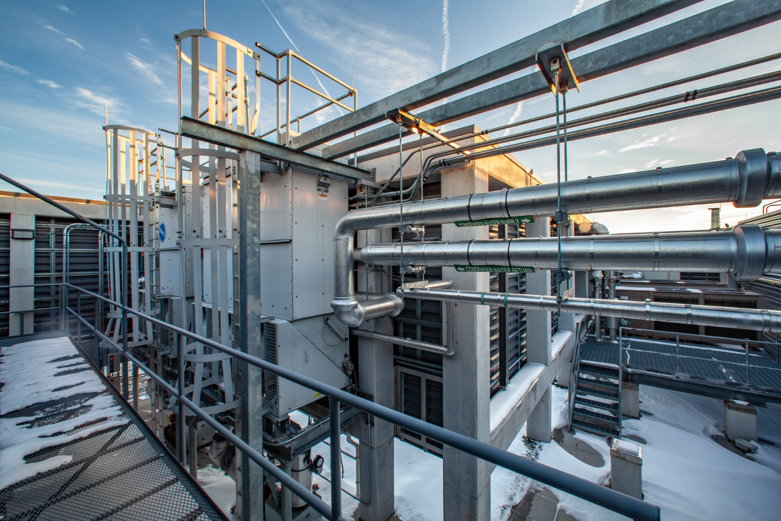 Industrial rooftop with pipes and structures
