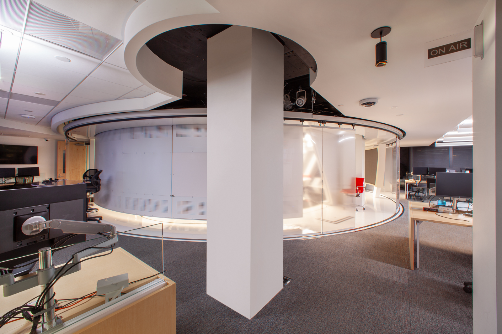 Modern office with circular design elements.