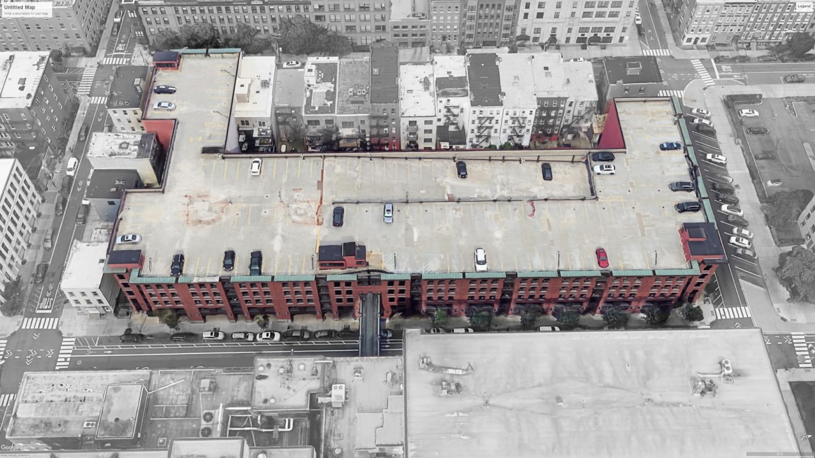 Aerial view of a large parking garage.