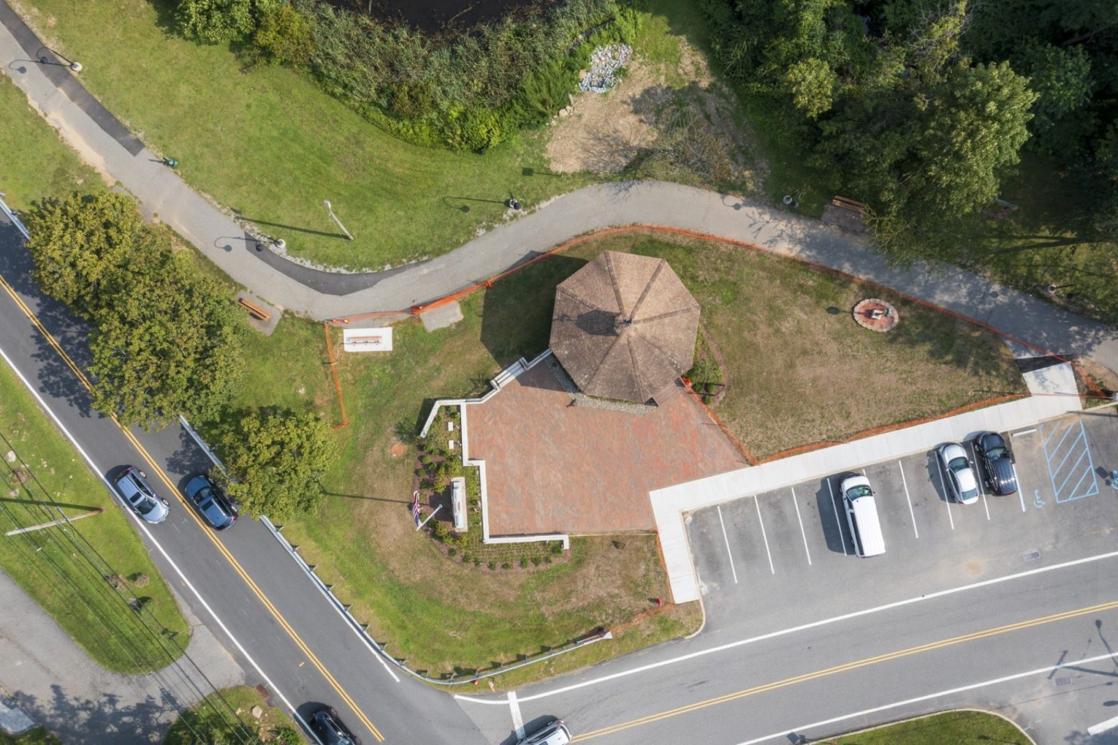 Aerial image of park with gazebo and trail