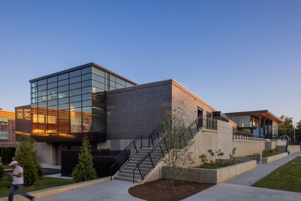 Modern school building with landscaping.